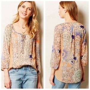 Anthropologie Meadow Rue Sheer Crochet Peasant Top